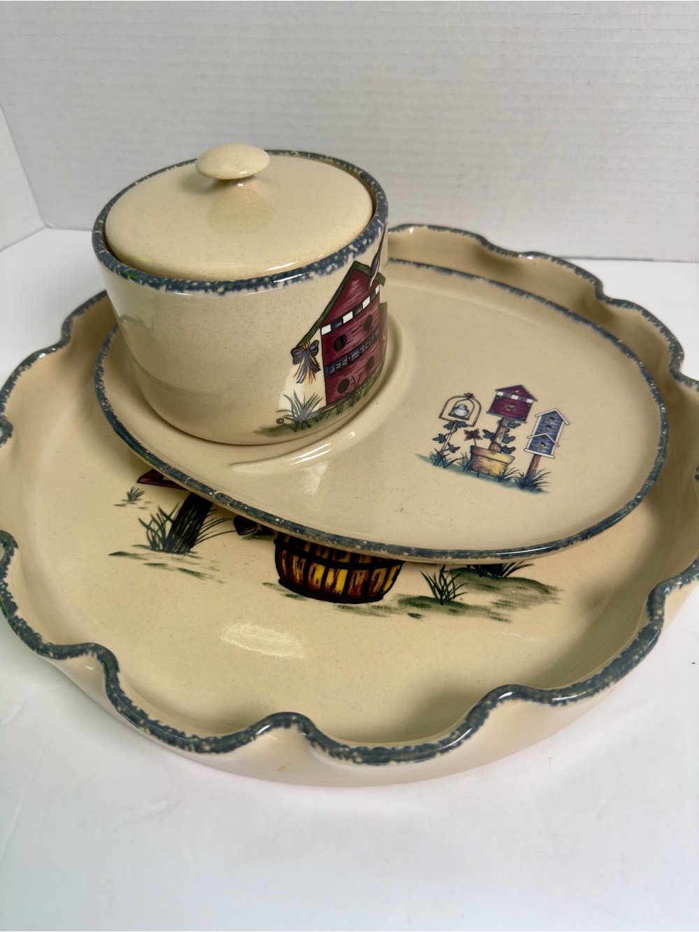 Home &Garden Party Cream Ceramic Serving Set with Hand-Painted Birdhouse Motif
